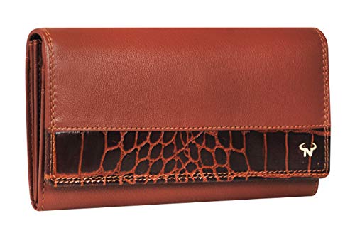 Calfnero Women's Genuine Leather Wallet-Long Purse Wallet with Multiple Card Slots, Zip Pocket and Note Compartment (Cognac)