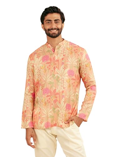 Manyavar Men's Satin Floral Prints Casual Short Kurta (Pink,M)