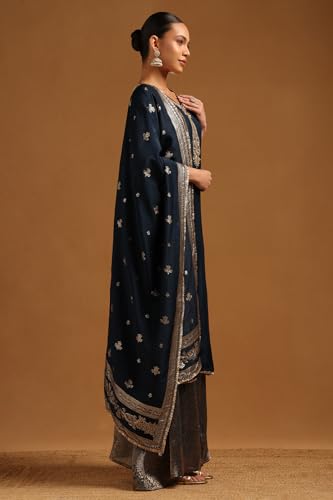 Soch Womens Navy Blue Dola Silk Embroidered Salwar Suit With Zari
