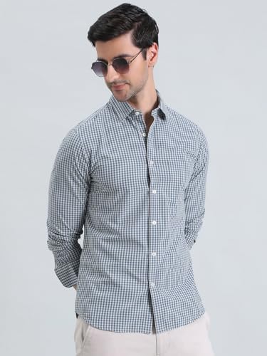 GO COLORS Collared Casual Check Shirt for Men | Pure Cotton, Full Sleeves, Regular Fit, Patch Pocket | (Dark Jean Blue, 44)