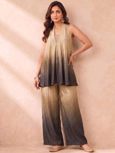 Women Red A Line Fusion Top and Bottom Set Shawl Collar Sleeveless Chinon
