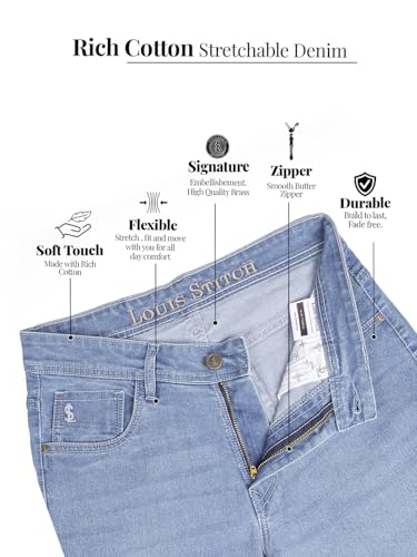 LOUIS STITCH Men’s Solid Light Blue Mid Rise Raw Wash Regular Fit Jeans (LSJNS-CF-BU04-32)