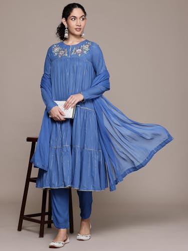 Aarke Ritu Kumar Blue Narmeen Solid Round Neck Kurta With Pant And Dupatta
