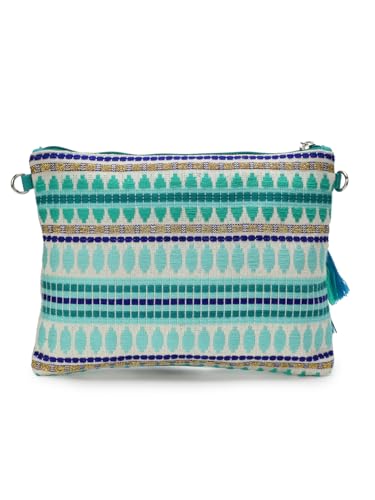 Anekaant Tribal Turquoise & Multi Acrylic Jacquard Ethnic Motifs Embroidered Sling Bag