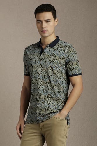 Men Navy Print Polo Neck T-Shirt