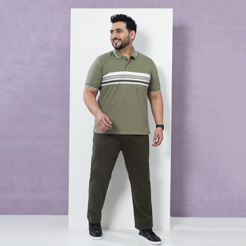 JOHN PRIDE Plus Size Men Regular Fit Striped Green Stretchable Polo Collar T-Shirt (JPTSC32430_10XL_Green)