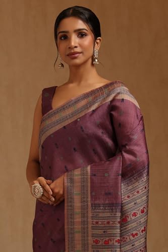 Soch Womens Wine Tussar Zari Woven Saree