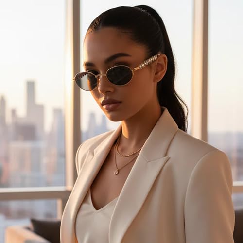 ELINE Luxury Golden Oval Sunglasses for Women | Premium UV Protected Fashion Sunglasses | Stylish Lightweight Designer Shades for Driving, Travel, Beach & Outdoor Wear (Black)
