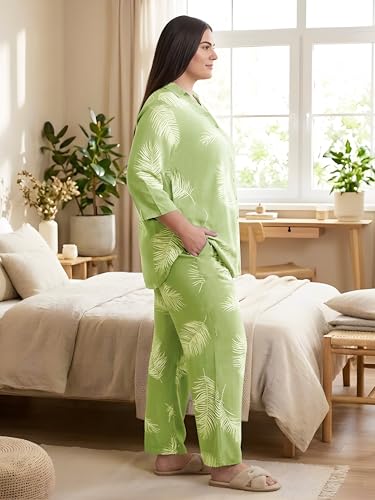 Indietoga Women Green Leaf Print Rayon Shirt and Pyjamas Nightsuit (PS50001466_Green Printed_6XL)