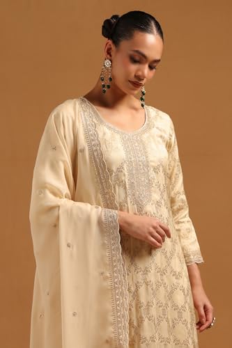 Soch Womens Beige Brocade Ethnic Motifs Salwar Suit With Sequins