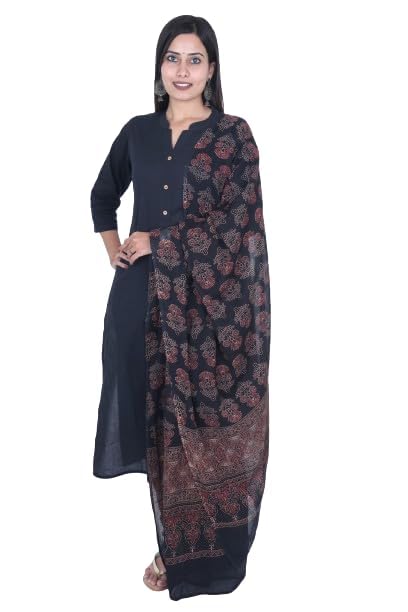 FABMOHA Women Pure Cotton Handblock Printed Full Length Ajrakh Dupatta (Maroon - Black)