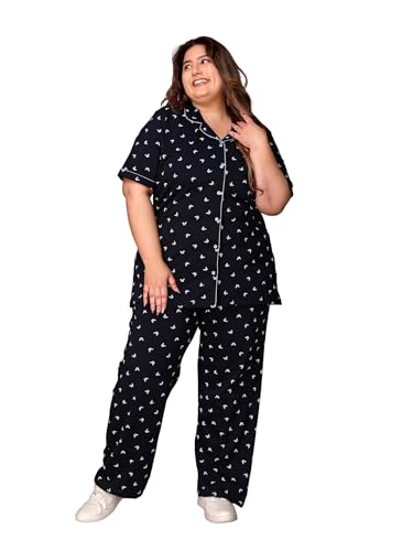 TITTLI Women Pure Cotton Printed Nightsuit | Shirt and Pyjama Set | Short Sleeve Sleepwear | Comfortable Nightwear with Pockets | Travel Nightsuit For Womens