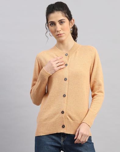 Monte Carlo Womens Regular Fit Solid Full Sleeve Round Neck Cardigan | Warm Woolen Buttoned Sweater for Ladies | Stylish Knitted Cardigan for Women's Orange XXL