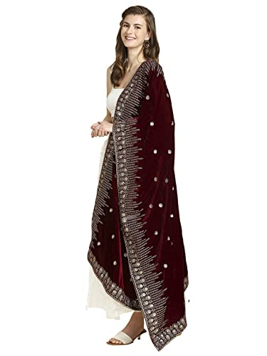 DUPATTA BAZAAR Women's Embroidered Maroon Velvet Dupatta, free size