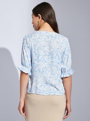 Latin Quarters Women Blue Collared Half Sleeves Printed Shirt Blouse for Casual Wear_S