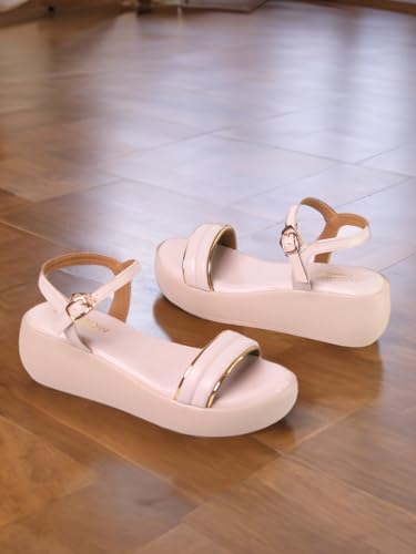 MONROW Fancy and Stylish Extra Cushioning and Comfortable Fashionable Light Weight Allday wear Vegan Wedge Heels for Women and Girls Cream 5UK