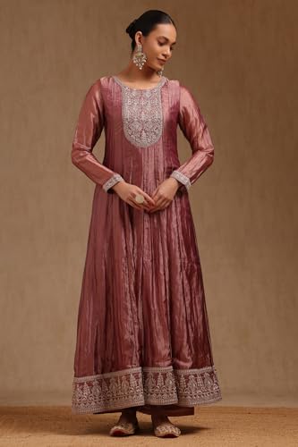 Soch Womens Onion Pink Tissue Embroidered Suit Set With Sequins