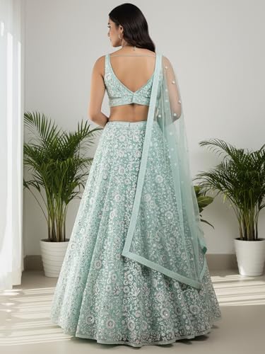 Zeel Clothing Women's Sequins Embroidered Soft Net Designer Lehenga Choli with Dupatta (5126-Blue-Womens-New-Lehenga-Choli; Free Size) (Blue)