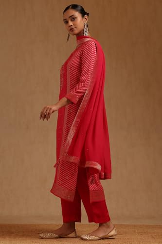 Soch Womens Fuchsia Dola Silk Bandhani Print Suit Set With Sequins