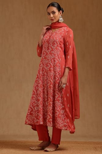 Soch Womens Peach Chinon Embroidered Suit Set With Sequins