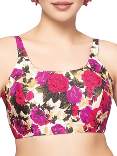 Biyu Women's Art Silk Floral Solid Round Neck Sleeveless Readymade Saree Blouse (Multi, 40)