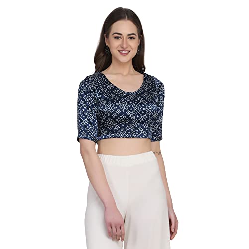 THE WEAVE TRAVELLER Navy Blue Printed Non Padded Women Mashru Saree Blouse