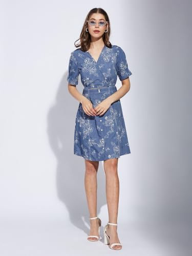 Latin Quarters Women Blue V-Neck Half Sleeve Printed A-Line Dress_L
