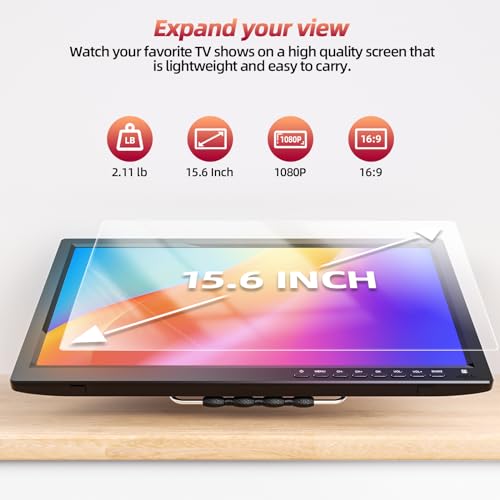 Desobry Portable TV 15.6 inch 1080P Rechargeable Battery TV with DVB-T2 Tuner, Support USB HDMI AV input, 12v tv for campervan/caravan/camping/motorhomes