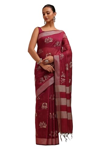 Soch Womens Wine Chanderi Warli Saree With Thread Work