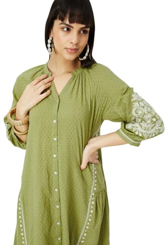 Max Women Embroidered A-line Dress (QRBG34008GREEN)_S