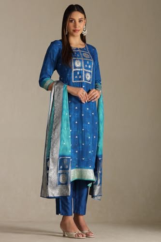 Soch Women's Blue Organza Zari Woven Suit Set With Faux Mirror And Sequins