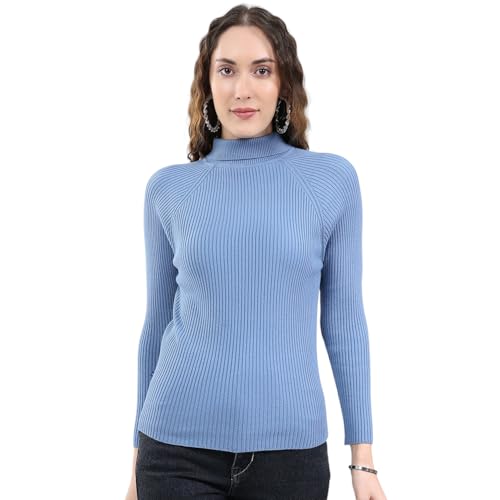 Monte Carlo Women's Regular Fit Solid T Neck Full Sleeve Sceavy| Warm Woolen Sweater for Ladies | Stylish Body Fit Knitwear | Soft Comfortable Winter Wear Top Blue 3XL