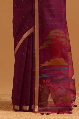 Soch Womens Wine Organza Woven Design Saree With Sequin