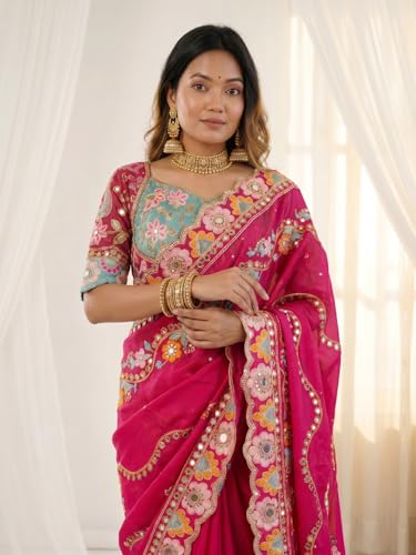 Bhagyavati Designer Soft Rangoli Silk Saree for Women with Mirror & Sequins Embroidery, Cutwork Border & Stitched Blouse (RaniPink)