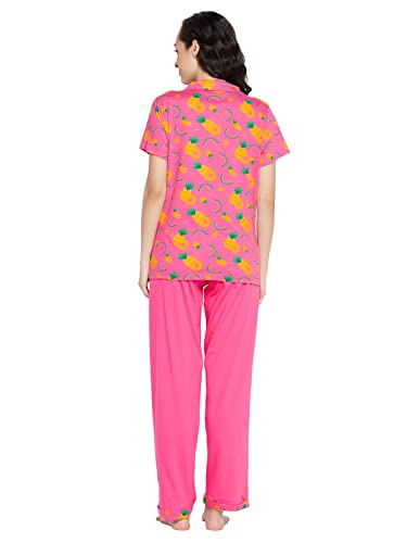 Clovia Women's Cotton Printed Button Me Up Shirt & Pyjama Set (LS0025D14_Pink_M)