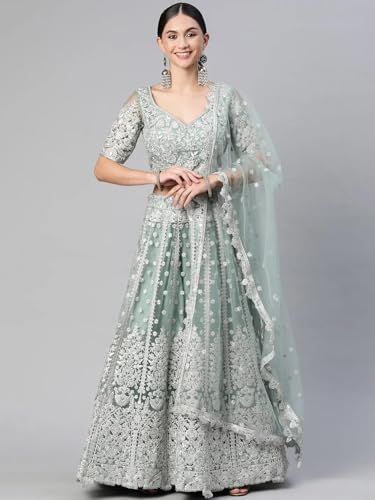 Zeel Clothing Women's Zari Sequins Embroidered Work Soft Net Lehenga Choli With Dupatta (6013-Pista-Women-Lehenga-Choli; Free size) (Pista)