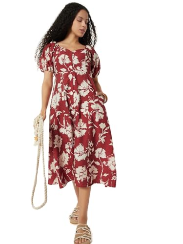 Max Women Floral Print A-line Midi Dress(Red_L)