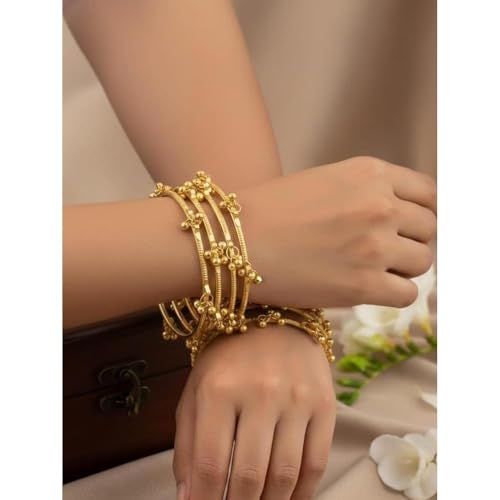SAMC Women Golden Plated Ghungroo Bangle Set | Set of 8 Pieces | Kashmiri Style Design | Slip On Closure | Festive Wrist Jewellery Women