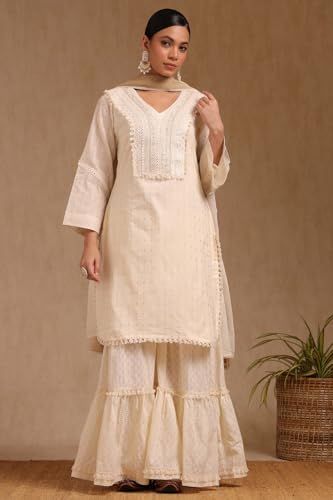 Soch Womens Off White Cotton Embroidered Suit Set With Faux Mirror And Sequins