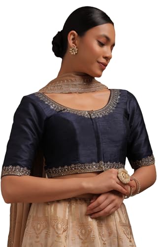 Soch Womens Navy Blue Tussar Solid Padded Blouse with Sequins