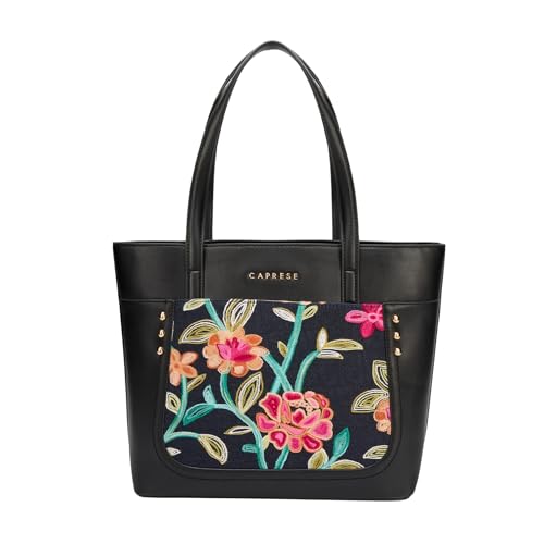 Caprese Elsa Large Tote Bag for Women Comfortable Shoulder Strap | Elegant Floral Embroidery & Solid Faux Leather Handbag | Spacious Multi-Compartment Shoulder Bag for Work & Travel (Black)