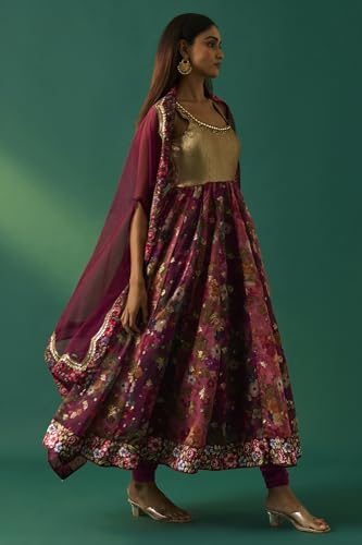Wishful Women's Maroon Floral Printed Embellished Anarkali Kurta with Churidar and Dupatta Set - (SP12850-401147-XXL)