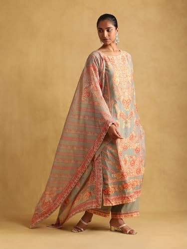 Ritu Kumar Green Floral Print Chanderi Kurta With Palazzo And Dupatta
