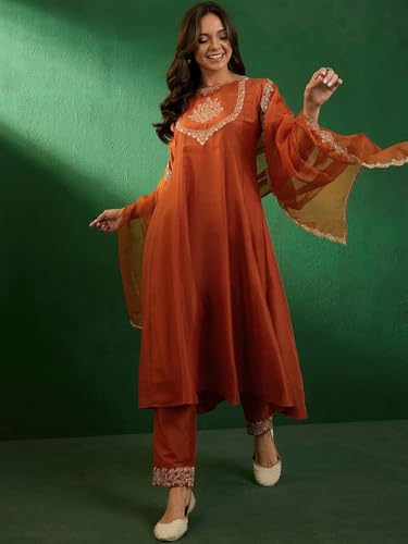 TRENDMALLS Women's Silk Embroidery A line Kurta Pant Set with Dupatta (G263-Orange-M-)