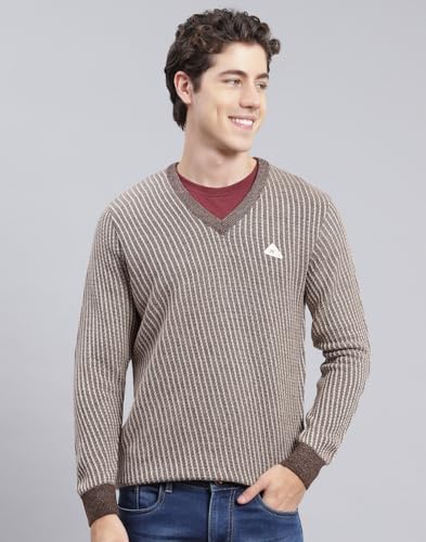 Monte Carlo Dark Brown Multi Self Design V Neck Pullover | Warm Woolen Pullover for Men | Soft Comfortable Knitted Winter Wear Sweater for Men's