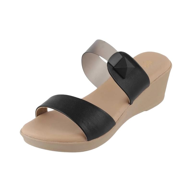 tresmode VIOS Women's Black Vegan Leather Wedge Sandals in Size 8 UK / 41 EU