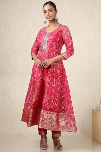 Soch Womens Fuchsia Brocade Bandhani Chudidar Set With Thread Work