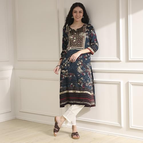 BIBA Women Teal Floral Printed Straight Kurta_32