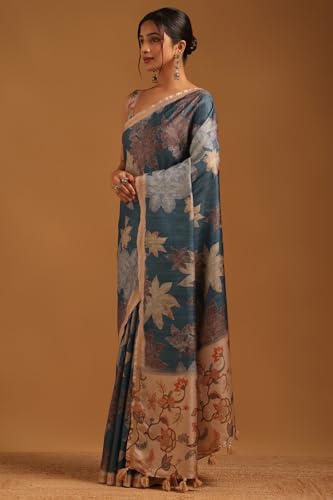 Soch Womens Blue Tussar Botanical Saree