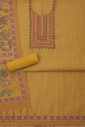 Soch Womens Mustard Linen Shimmer Embroidered Unstitch Dress Material With Thread Work